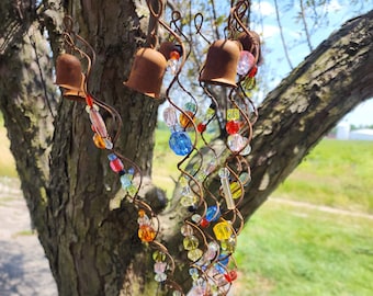 8 arm Rustic Metal bead  Stake, Bead tree Yard Art with Bells, Sun Catcher Sculpture, Whimsical Outdoor Decor