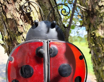 Suncatcher Ladybug Wall Hanging - Metal & Glass Window Decor - Unique Recycled Art - Mother's Day gift idea