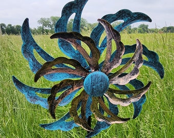 Kinetic vintage Blue Floral Yard Stake - Rustic Metal Garden Decor - home decor, Spring Garden decoration