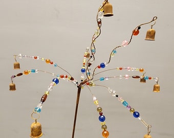 Whimsical 11 Arm Bead Yard stake, Rustic Metal Garden Art, Handmade Garden Decoration