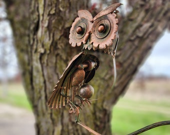 Whimsical Owl yard stake -Garden Balancer-Outdoor Decoration, Rustic metal bird art- outdoor kinetic owl sculpture