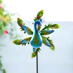 Kinetic Metal bird Spinner Garden Stake, Rustic Colorful Spring Garden Decor, Outdoor metal yard stake