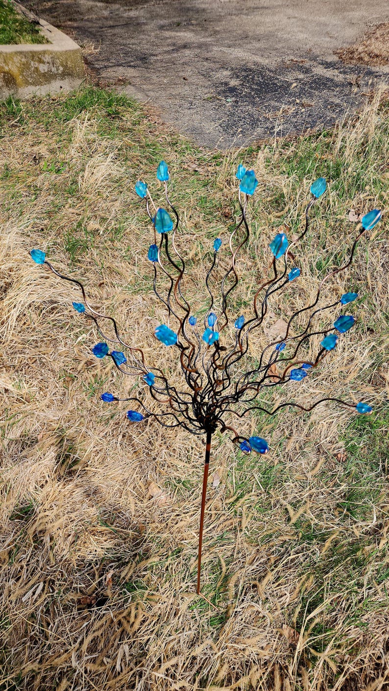 Whimsical Blue Bead Tree Yard stake – Metal Garden Art, Handmade Garden Decoration, Mother's day gift image 11
