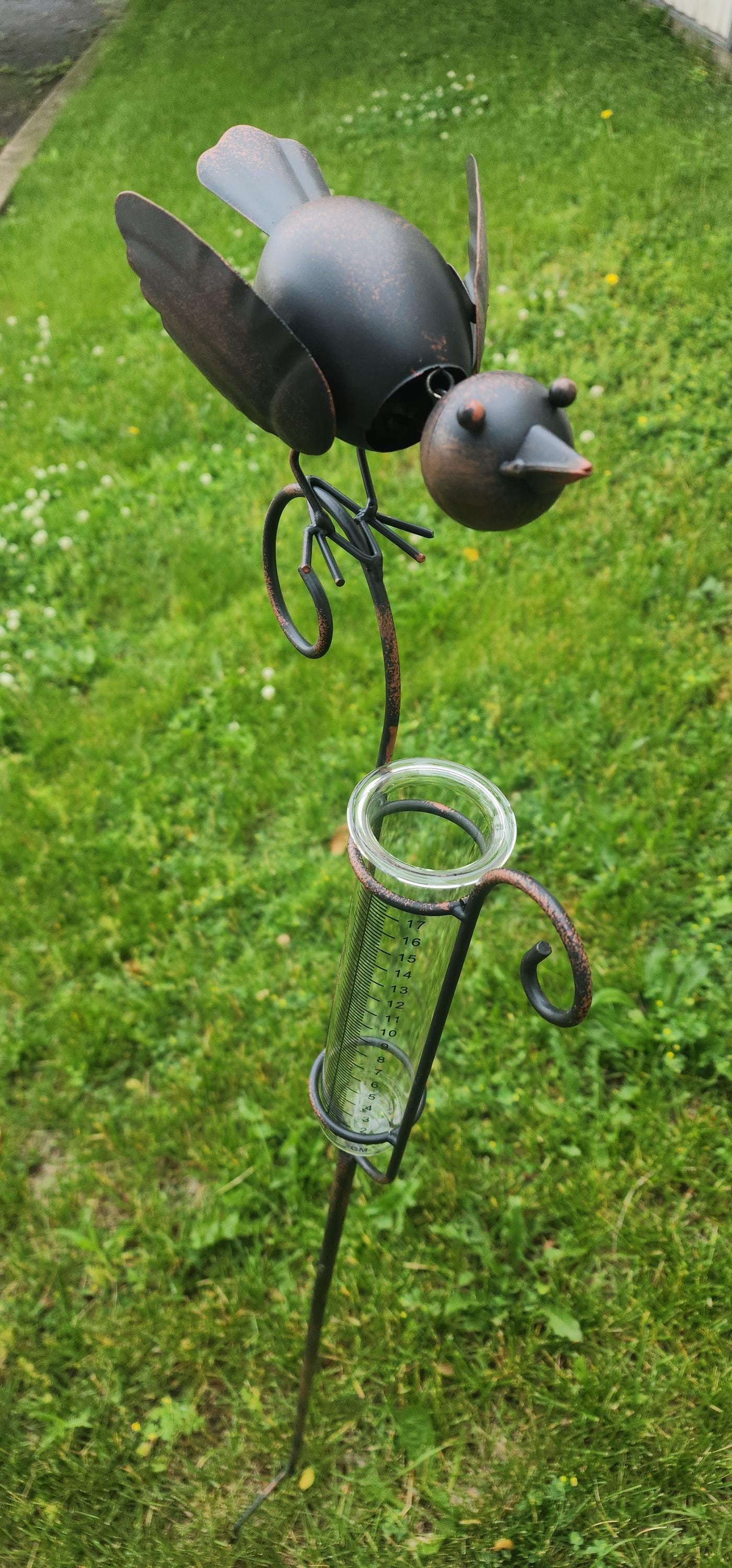 Rustic Metal Rain Gauge Garden Stake: Bird Accent, 51" Yard Art