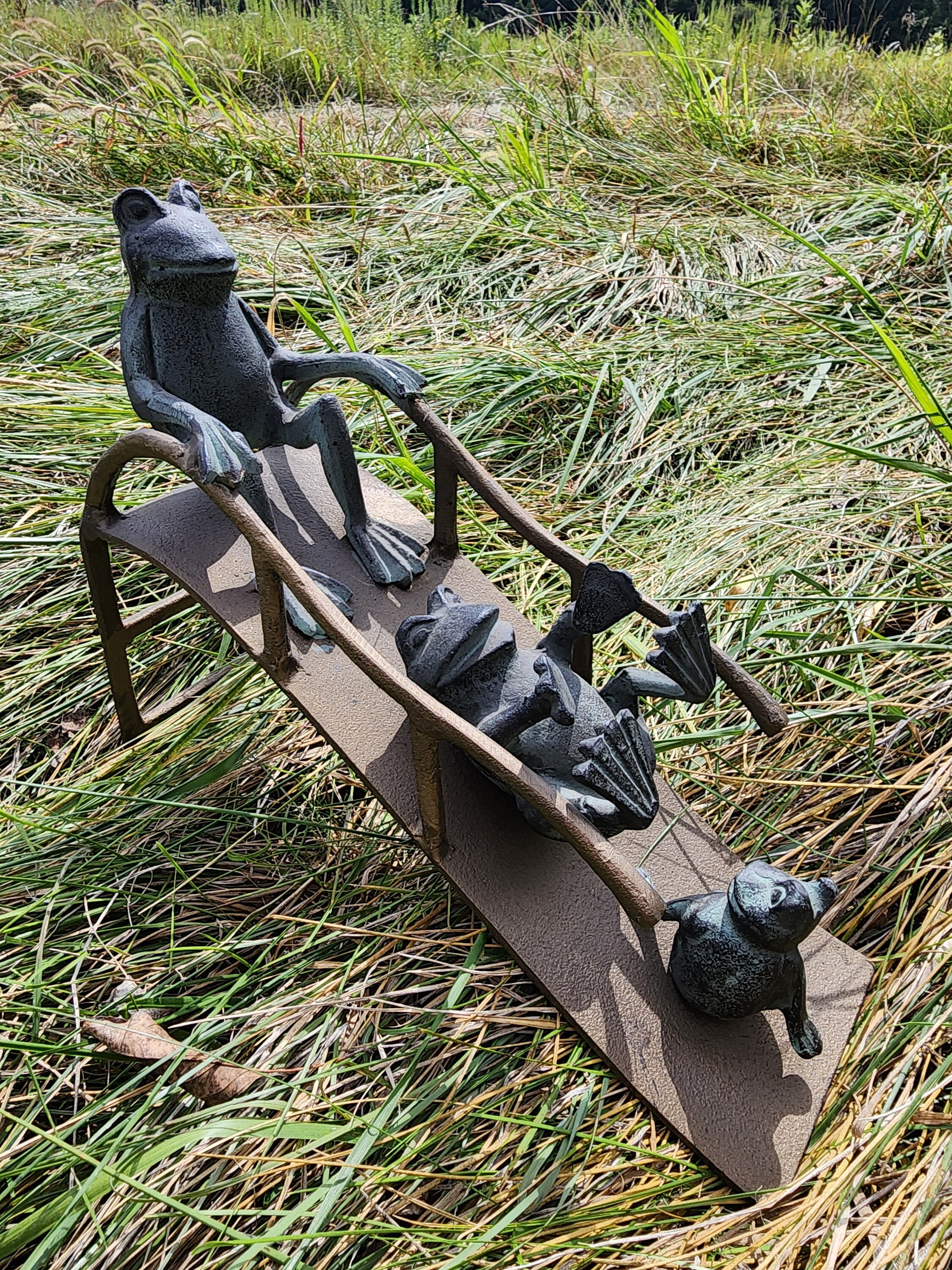 15" Tall Frogs on a Slide Garden Statue, Whimsical Metal Decor, Gift