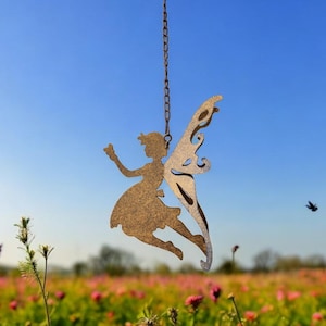 Whimsical Rustic Metal Fairy Hanging, Recycled Spring Garden Decor, Outdoor Fairy Ornament, Yard Decoration Gift