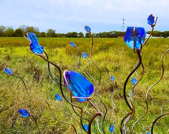 May include: A metal sculpture featuring multiple thin, winding copper-colored wire stems, each topped with a faceted, translucent blue glass gem. The sculpture is set against a field of green grass and sky. Text at the bottom reads September 27, 2024.