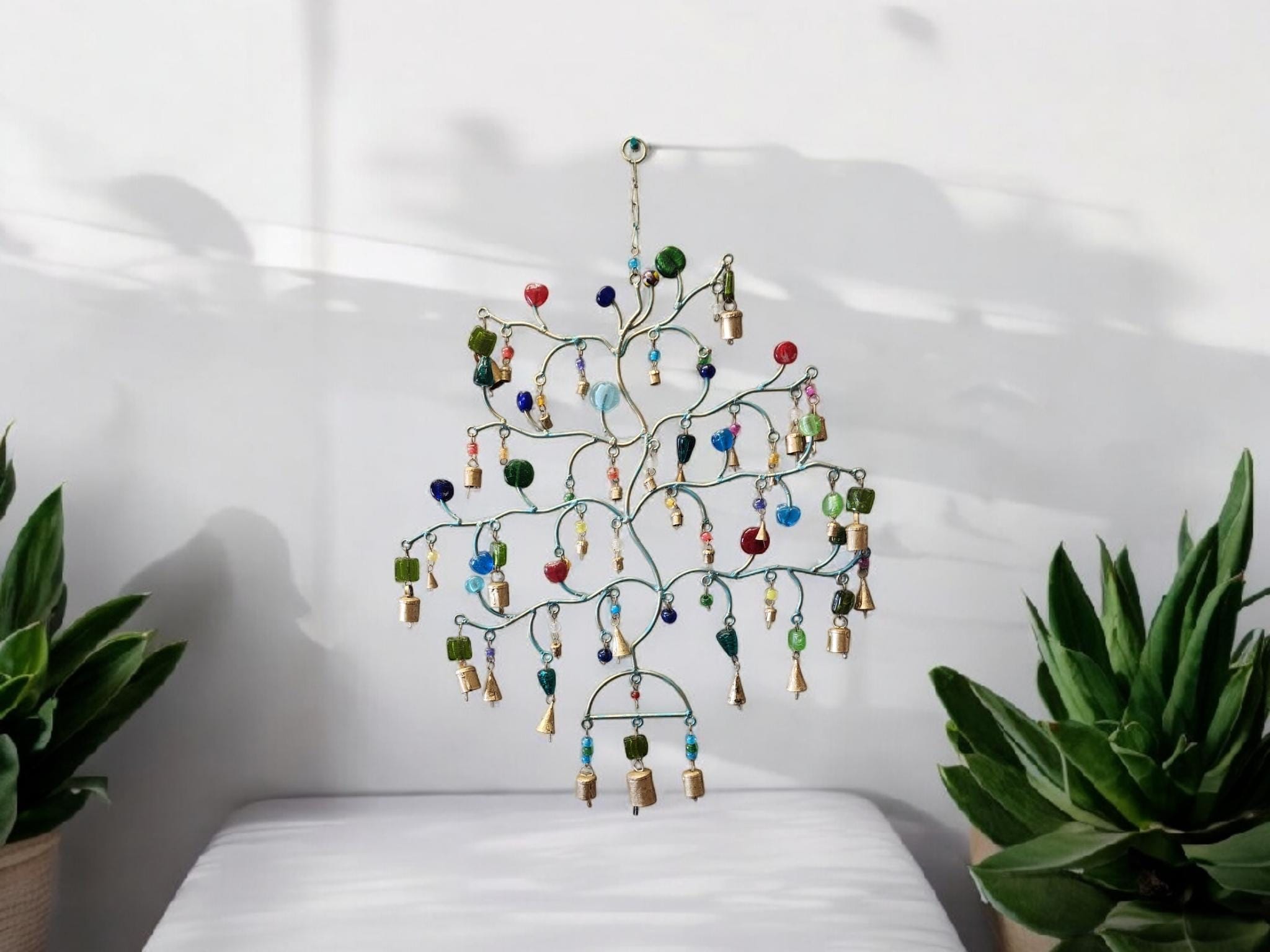 Handmade Colorful Bead Wind Chime, Rustic Outdoor Garden Art, Hanging Chime decor, Whimsical Metal Windchime