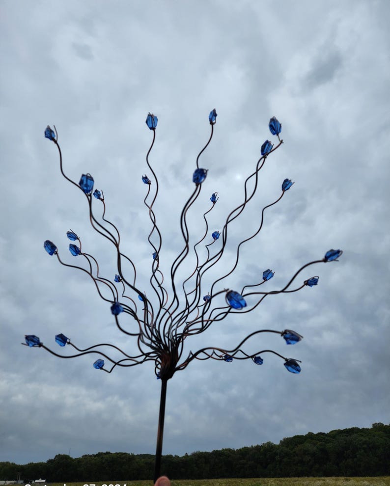 Whimsical Blue Bead Tree Yard stake – Metal Garden Art, Handmade Garden Decoration, Mother's day gift image 6