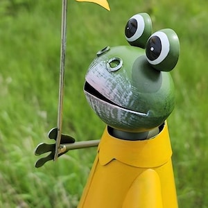 Frog holding umbrella, rustic metal Rain Gauge Spring Yard Stake, Recycled Outdoor Garden Decor