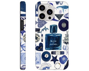 Funda de teléfono collage azul, funda de teléfono de diseñador, funda de teléfono collage de moda fresca, iPhone 11 12 13 Mini 14 15 Pro Max Tough Case, Galaxy S23 S22