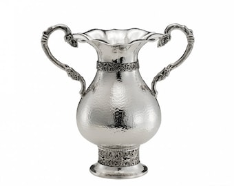 Vase Hammered w/ Handles - H.-33 cm. Certificate of authenticity. Made in Italy. 925 Sterling Silver