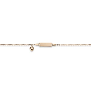 Può includere: Un braccialetto dorato con una catena sottile. Presenta una targhetta rettangolare e un piccolo ciondolo a forma di cuore. Il design del braccialetto è semplice ed elegante, adatto all'uso quotidiano.
