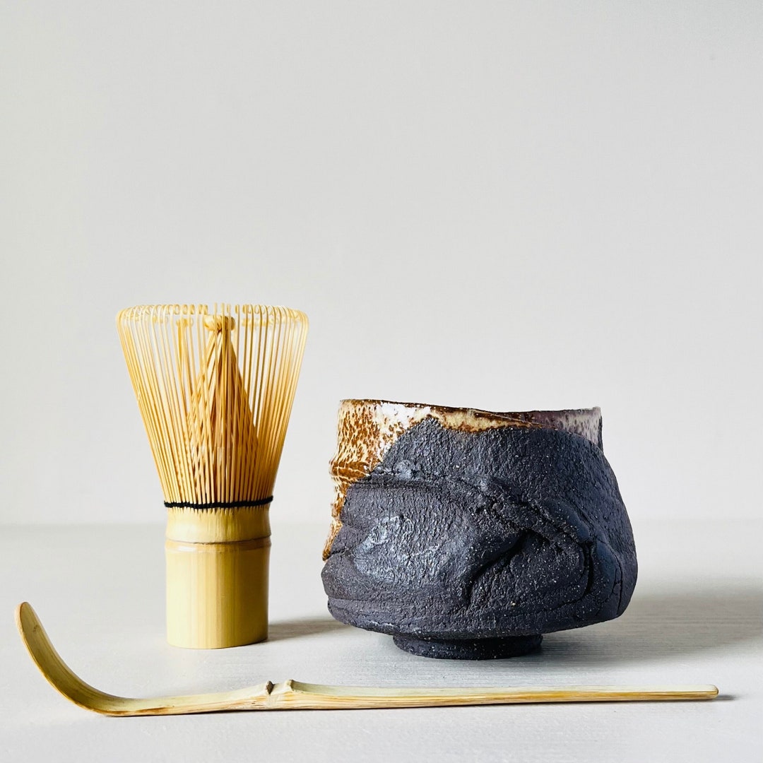 Matcha Wan Wabi-sabi Matcha Bowl 300ml, Black Clay Chawan 12oz, Black Stoneware ...