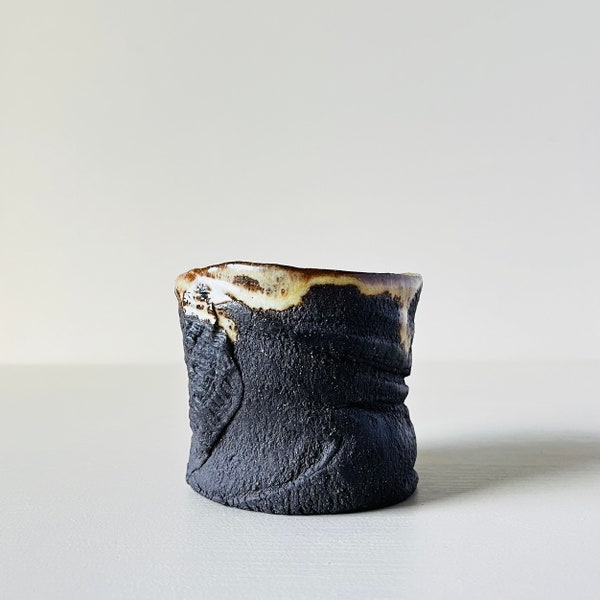 Hand-built Wabi-Sabi stoneware lava cup - Japanese style handmade ceramic cup - Black clay pottery cup - handmade ceramic cup