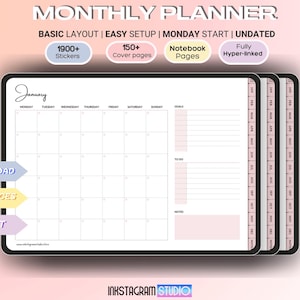 May include: Digital monthly planner with a basic layout, easy setup, and undated pages. Features include 1900+ stickers, 150+ cover pages, and notebook pages. The planner is fully hyper-linked and designed for use on multiple devices. A white pen is included.