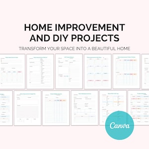 May include: A collection of printable home improvement and DIY project planning sheets. The title reads "HOME IMPROVEMENT AND DIY PROJECTS" with the tagline "TRANSFORM YOUR SPACE INTO A BEAUTIFUL HOME." The sheets are in a variety of pastel colors and include planning templates.