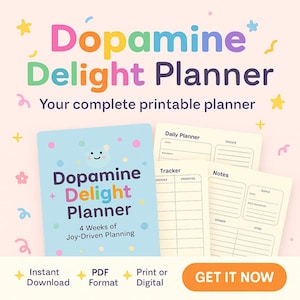 Peut inclure: Un planificateur imprimable intitulé "Dopamine Delight Planner" avec un texte coloré. L'image montre une couverture bleu clair avec un visage souriant et les mots "4 Weeks of Joy-Driven Planning". Des exemples de pages sont également visibles.