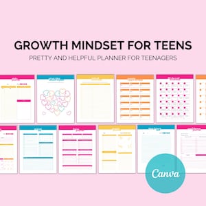 May include: A collection of colorful planner pages with the text "GROWTH MINDSET FOR TEENS" and "PRETTY AND HELPFUL PLANNER FOR TEENAGERS". The pages feature various layouts, including daily journals, goal trackers, and calendars, with a pink background.