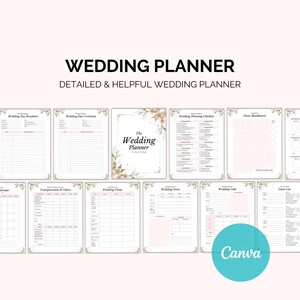 May include: A wedding planner with various pages, including sections for the reception, ceremony, checklist, and guest list. The planner has a floral design and the text "WEDDING PLANNER" and "DETAILED & HELPFUL WEDDING PLANNER".
