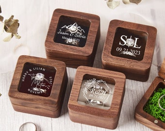 Personalized Wood Engagement Ring Box, Custom Wedding Double Ring Box, Square Ring Bearer Box, Wedding Ceremony Ring Box, Ring Box Proposal