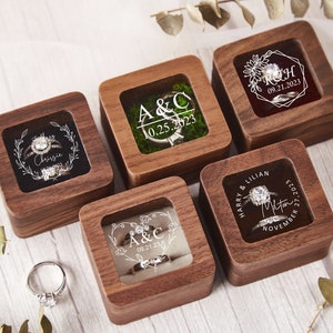 Coffret pour bagues de fiançailles personnalisé, Coffret pour bagues en bois personnalisé, Coffret pour bagues carrée, Coffret pour porte-anneaux double, Coffret pour alliances, Boîte à bagues pour proposition image 2