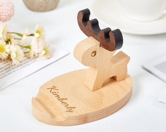 Personalized Wooden Phone Holder, Engraved Name Phone Stand, Desk Table Organizer, Office Decor, Dog,Cat,Deer,Rabbit, Valentine's Day Gift