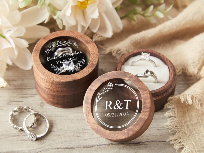 Personalized Wood Ring Box, Round Engagement Ring Box, Double Ring Bearer Box, Custom Ring Box, Wedding Ring Box, Ring Box Proposal image 2