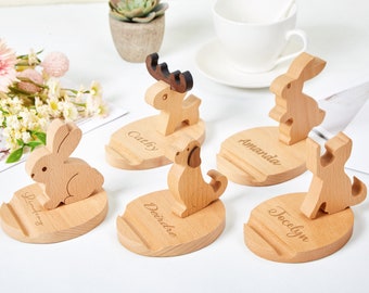 Personalized Phone Holder, Engraved Name Phone Tablet Stand, Wooden Desk Organizer, Office Decor, Dog,Cat,Deer,Rabbit, Valentine's Day Gift