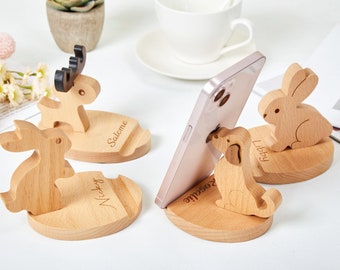 Personalized Wooden Animal Phone Holder, Engraved Name Phone Stand, Desk Organizer, Office Decor, Dog,Cat,Deer,Rabbit, Valentine's Day Gift
