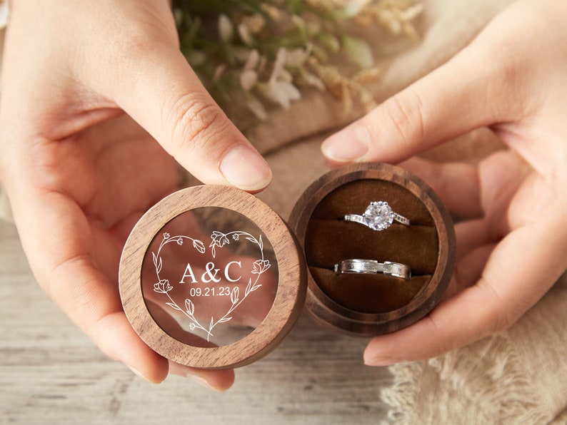 Personalized Wood Ring Box, Round Engagement Ring Box, Double Ring Bearer Box, Custom Ring Box, Wedding Ring Box, Ring Box Proposal image 4