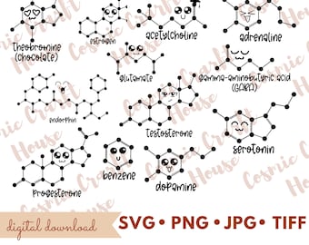 Kawaii Molecules Bundle SVG| Mental Health Awareness| Caffeine Download Art| Cute Anime Chemical Structure| Hormone Serotonin Dopamine PNG