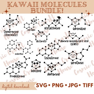 Kawaii Molecules Bundle SVG| Mental Health Awareness| Caffeine Download Art| Cute Anime Chemical Structure| Hormone Serotonin Dopamine PNG