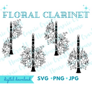 Può includere: Tre illustrazioni in bianco e nero di un clarinetto con motivi floreali. Il testo "FLORAL CLARINET" è in alto nell'immagine. Il testo "digital download SVG.PNG.JPG" è in basso nell'immagine.