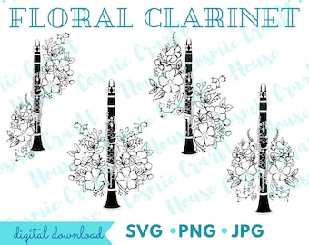 Floral Clarinet SVG/Clarinet Cutfile for Cricut/Aesthetic Musical Instrument/Woodwind Clipart/Marching Band/Classical Music Orchestra Vector