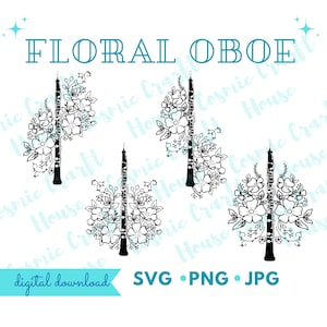 May include: Three black and white illustrations of an oboe with floral designs. The text "FLORAL OBOE" is at the top of the image. The text "digital download SVG.PNG.JPG" is at the bottom of the image.