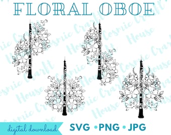 Floral Oboe SVG/Oboe Cutfile for Cricut/Flower Musical Instrument/Woodwind Vector Image/Marching Band PNG/Orchestra Clipart/Aesthetic Music