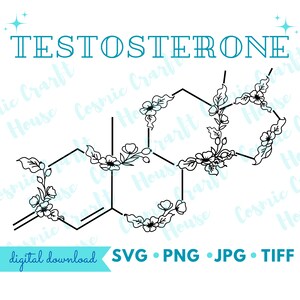May include: A black and white line drawing of a chemical structure with floral accents. The word "TESTOSTERONE" is written above the structure.