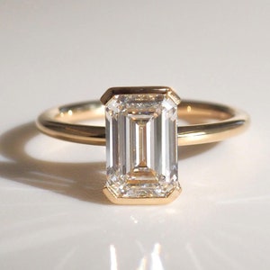 Emerald Cut Lab Grown Diamond Engagement Ring, 14K Solid Gold Ring, Solitaire Ring, Half Bezel Set Ring, Stackable Ring, Anniversary Gift