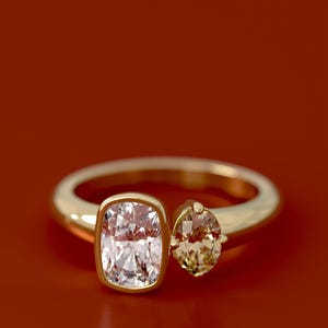 Toi Et Moi Ring, Elongated Cushion And Champagne Oval Cut Ring, 14K Solid Gold Ring, Two Stone Ring, Open Set Ring, Statement Ring For Her