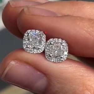 0.5 CT Cushion Cut Lab Grown Stud Earrings, 14K Solid White Gold Earrings, Halo Setting Earrings, Stud Earrings, CVD Diamond Earrings