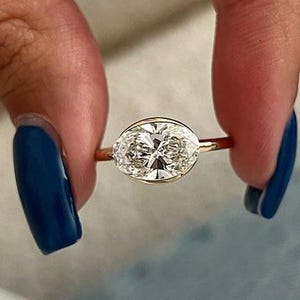 East West Ring, 2 CT Oval Cut Lab Grown Diamond Engagement Ring, 14K Solid Gold Ring, Half Bezel Ring, Solitaire Ring, Proposal Ring For Her