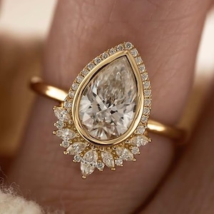 1.5 CT Pear Cut Lab Grown Diamond Halo Engagement Ring, 14K Solid Yellow Gold Ring, Wedding Ring, Bridal Ring, Bezel set Ring, Gift For Her