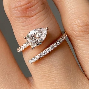 1.2 CT Pear Cut Lab Grown Diamond Engagement Ring, 14K Solid Yellow Gold Ring, Bypass Shank Ring, Open Ring, Proposal Ring, Anniversary Gift