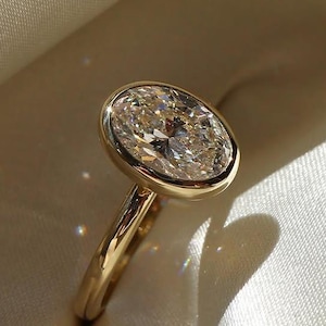 Anillo de compromiso de 2 quilates con diamantes cultivados en laboratorio de talla ovalada, oro amarillo macizo de 14 quilates, engaste en bisel, solitario, regalo de aniversario.