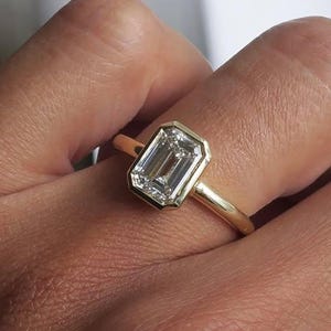1.5 CT Emerald Cut Lab Grown Diamond Engagement Ring, 14K Solid Yellow Gold Ring, Solitaire Ring, Bezel Setting Ring, Stackable Ring For Her
