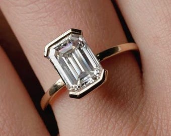 Anillo de compromiso de oro macizo de 14 quilates con diamante cultivado en laboratorio de talla esmeralda de 2,7 quilates, engaste de medio bisel, solitario, regalo de aniversario para ella.