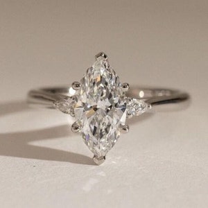 Marquise Cut Lab Grown Diamond Engagement Ring, 14K Solid White Gold Ring, Three Stone Ring, Six Prong Setting Ring, Trilogy Ring For Her