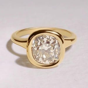 2 CT Old Mine Cut Cushion Lab Grown Diamond Engagement Ring, 14K Solid Yellow Gold Ring, Bezel Setting Ring Solitaire Ring, Anniversary Gift