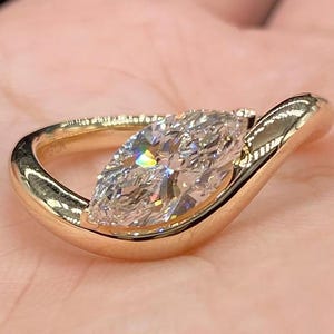 East West Diamond Ring, 1 CT Marquise Cut Lab Grown Diamond Engagement Ring, 14K Solid Yellow Gold Ring, Solitaire Ring, Proposal Ring